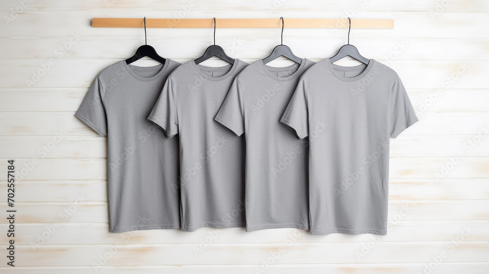 Four gray T-shirts on hangers against a white wooden background. Apparel mockup. Generative AI Four gray T-shirts on hangers against a white wooden background. Apparel mockup. Generative AI