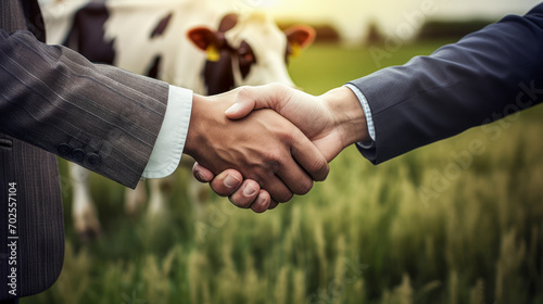 Business handshake on a farm background, signifying a deal or agreement. Generative AI
