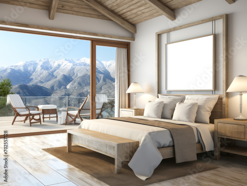 Mountain lodge bedroom interior with a rustic feel and breathtaking view. Generative AI