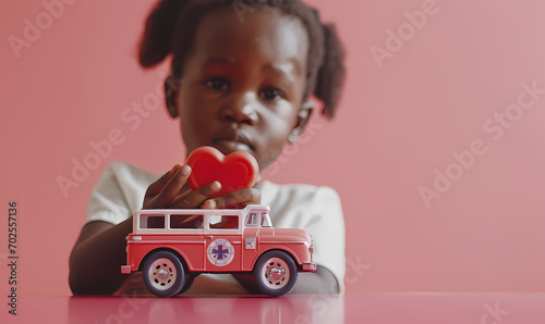 Child with heart shaped hospital vehicle in front of pink background,
