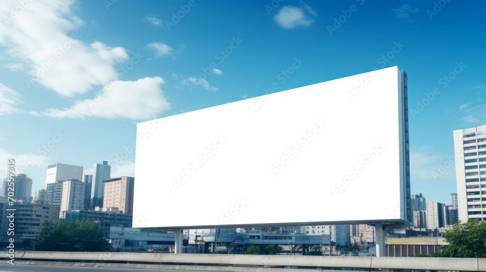 Roadside billboard with a clear blue sky in an urban setting. Outdoor advertising and design concept. Generative AI Roadside billboard with a clear blue sky in an urban setting. Outdoor advertising and design concept. Generative AI