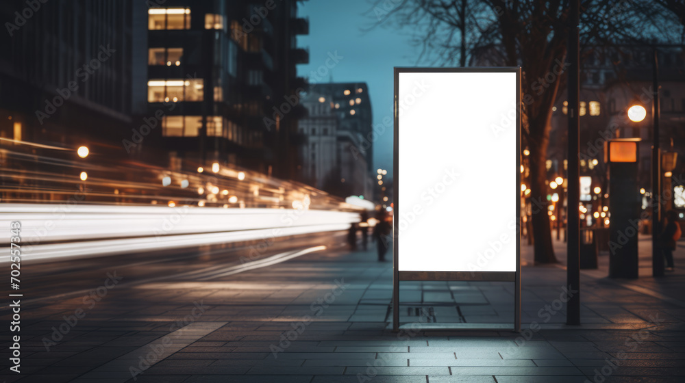 Empty billboard on a city sidewalk at night with blurred traffic lights. Advertising and urban concept. Generative AI Empty billboard on a city sidewalk at night with blurred traffic lights. Advertising and urban concept. Generative AI