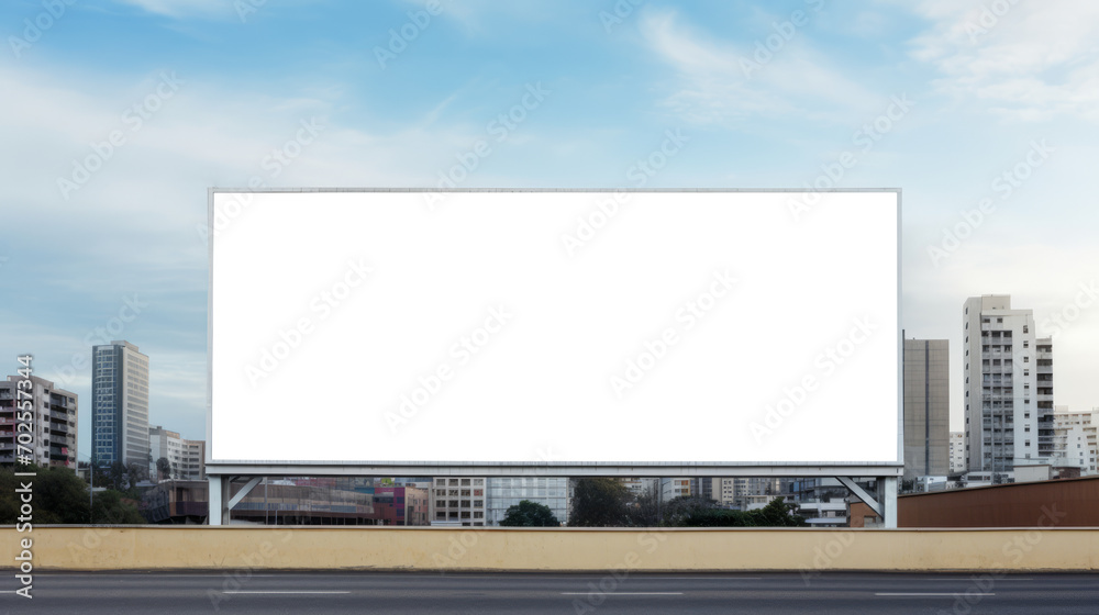 Large roadside billboard against a city backdrop with clear skies. Outdoor advertising concept. Generative AI