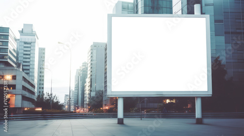 Freestanding billboard in evening cityscape, modern buildings background. Marketing and urban concept. Generative AI