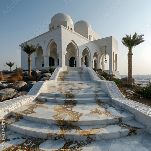 Beautiful Minimalist White Mosque in the Desert with Palm Tree and Sky Views