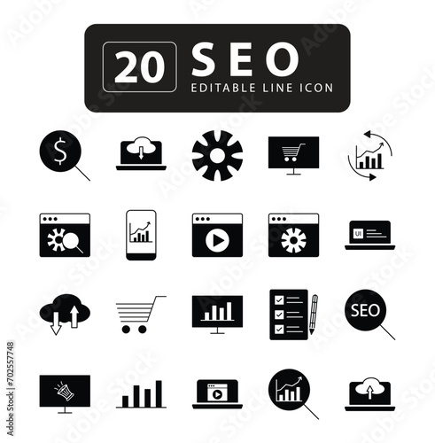 Dynamic SEO Vector Icons: Modern Black Fill Icons for Web Development, Strategy, and Optimization – Editable Pictograms and Infographic Elements Included.