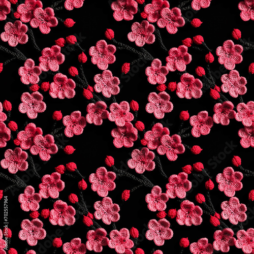 Hyper Realistic Pink Crochet Cherry Blossom on Black Background Seamless Pattern