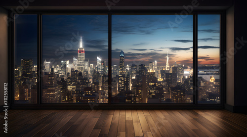 A city view from a window with a city skyline in the background. The city is lit up at night, creating a warm and inviting atmosphere