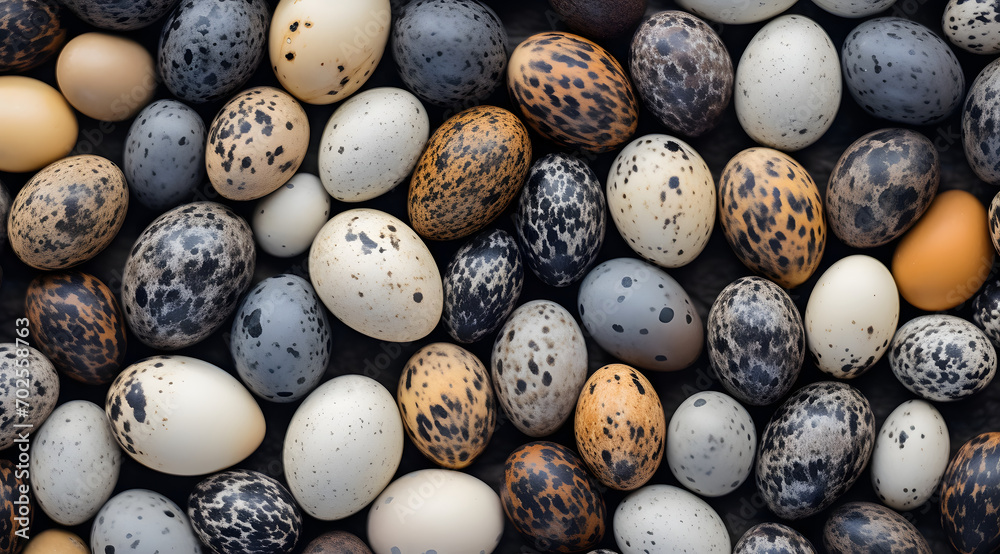 Close-up Assorted quail eggs with natural speckled patterns in various shades of brown and cream, showcasing diversity in organic shapes and textures Close-up Assorted quail eggs with natural speckled patterns in various shades of brown and cream, showcasing diversity in organic shapes and textures
