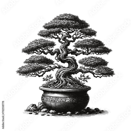 Artistic Hand Drawn Bonsai Tree Line Art Vector