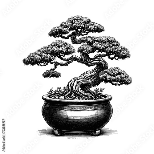 Artistic Hand Drawn Bonsai Tree Line Art Vector
