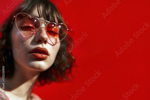 Close-up photo of a girl with bob hairstyle in sunglasses in the form of hearts on a red background with copy space for text. Valentine's Day, Fashion, Style Concept