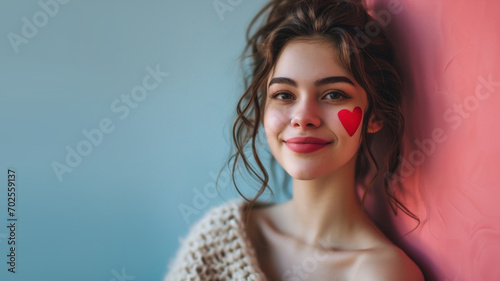 Close-up photo of a beautiful young woman with a red heart on her cheek and pink wall in the background. Valentine's Day concept.