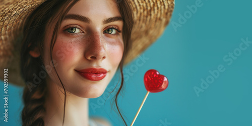 Close-up photo of a beautiful young woman in a straw hat with a red lollipop in the form of a heart on a blue background. Valentine's Day, Summertime, Vacation concept. photo