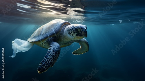 Environmental issue of plastic pollution problem. Sea Turtles can eat plastic bags mistaking them for jellyfish Sea turtle trapped in a plastic bag, Stop ocean plastic pollution concept photo