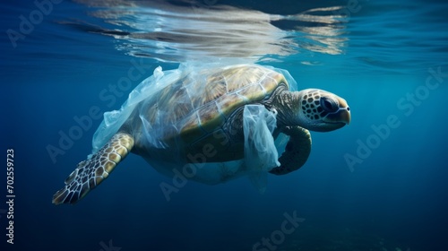 Environmental issue of plastic pollution problem. Sea Turtles can eat plastic bags mistaking them for jellyfish Sea turtle trapped in a plastic bag  Stop ocean plastic pollution concept
