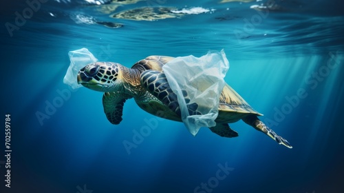 Environmental issue of plastic pollution problem. Sea Turtles can eat plastic bags mistaking them for jellyfish Sea turtle trapped in a plastic bag, Stop ocean plastic pollution concept