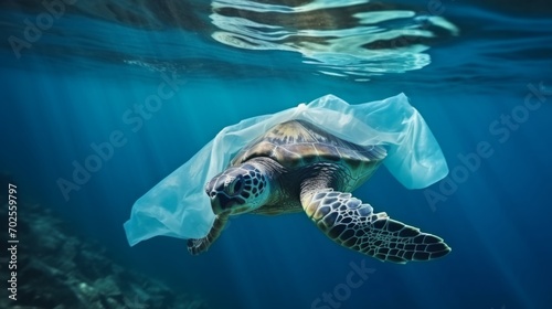 Environmental issue of plastic pollution problem. Sea Turtles can eat plastic bags mistaking them for jellyfish Sea turtle trapped in a plastic bag, Stop ocean plastic pollution concept © ND STOCK
