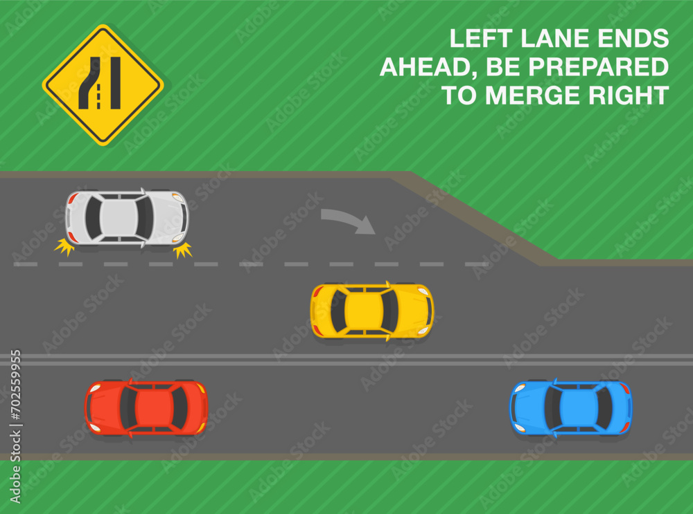 Safe driving tips and traffic regulation rules. Left lane ends ahead ...