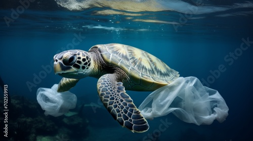 Environmental issue of plastic pollution problem. Sea Turtles can eat plastic bags mistaking them for jellyfish Sea turtle trapped in a plastic bag, Stop ocean plastic pollution concept