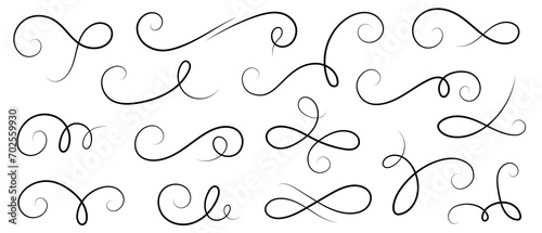 Line flourish swirl vector calligraphy ornament elements. Fancy line flourish text typography accent, filigree modern curve ornament. Curl elegant vintage simple design elements. Vector illustration