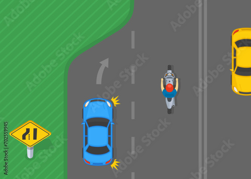 Traffic regulation tips and rules. American left lane ends traffic sign. Top view of a car is merging right on highway. Flat vector illustration template.