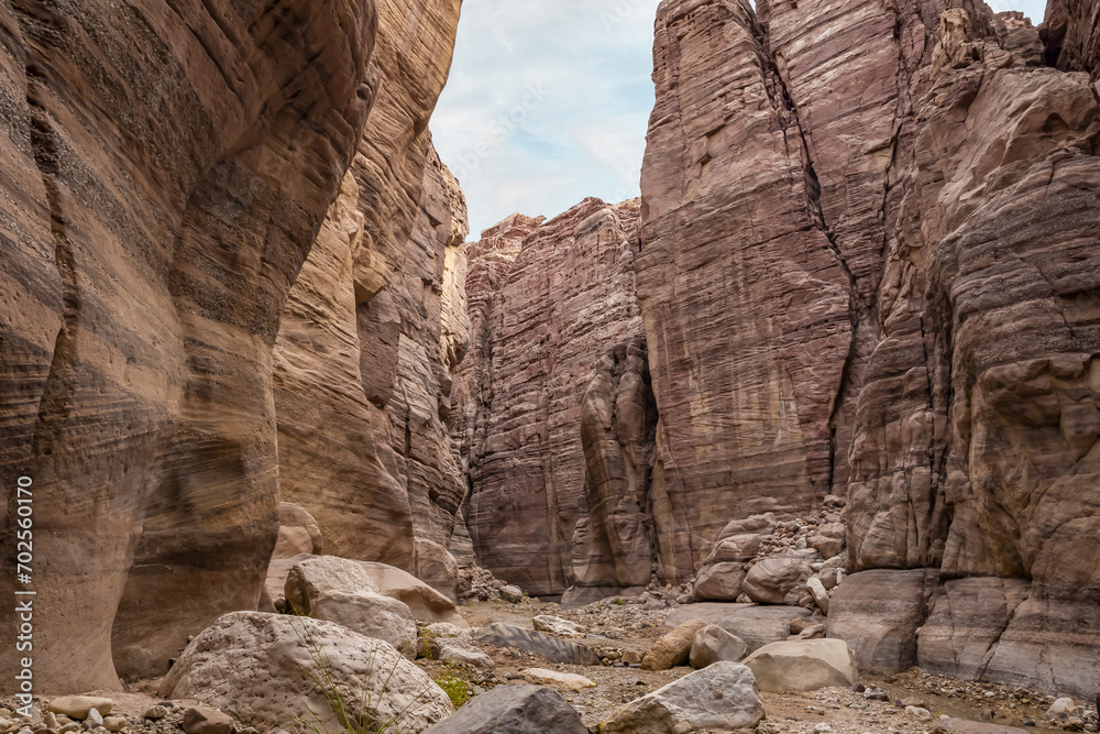 A shallow  stream flows between rocks painted with intricate natural patterns of the Wadi Numeira walking trail in Jordan