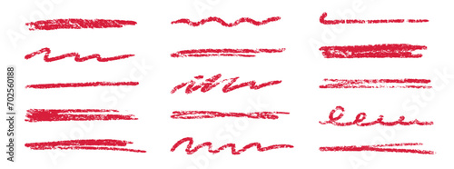 Crayon brush stroke red underline. Chalk pen highlight stroke. Vector hand drawn brush underline element set for accent, crayon texture emphasis element. Red chalk vector illustration