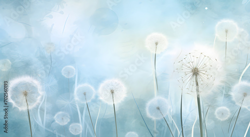 Delicate dandelion with seeds dispersing in a soft  dreamy blue background