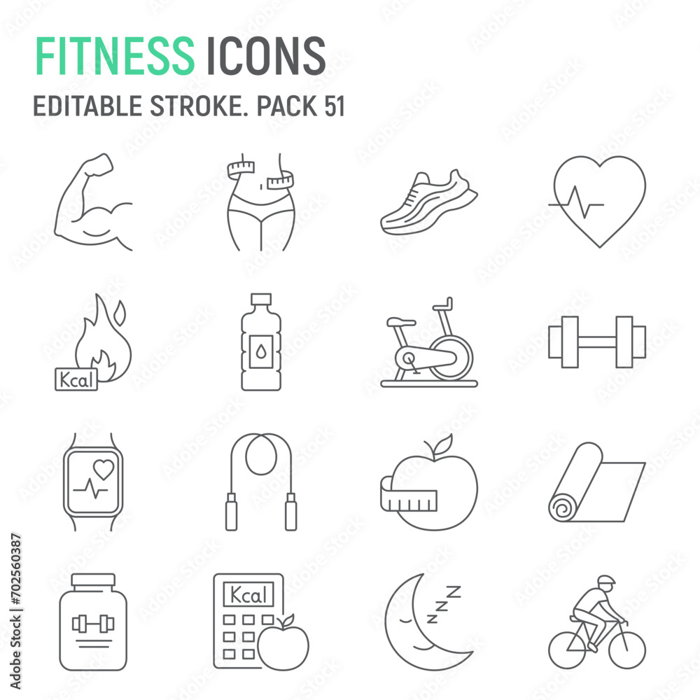 Naklejka premium Fitness line icon set, sport collection, vector graphics, logo illustrations, healthy lifestyle vector icons, weight loss signs, outline pictograms, editable stroke