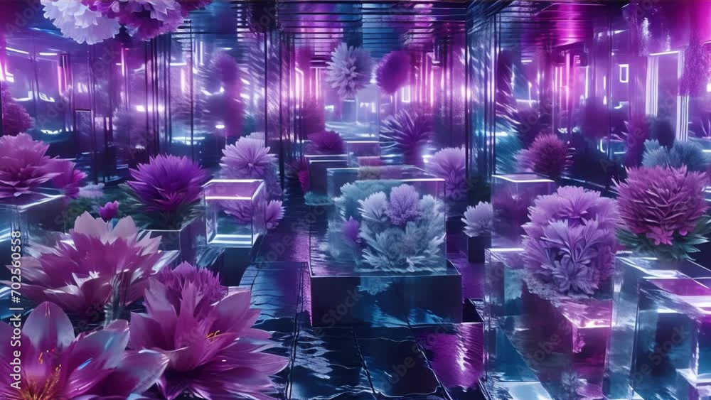 The interior of a florist with a futuristic design illuminated in purple tones, featuring modern interiors and vibrant flowers.
The interior of a florist with a futuristic design illuminated in purple tones, featuring modern interiors and vibrant flowers.