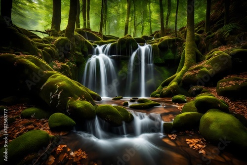 waterfall in the forest A crystal-clear mountain stream  winding its way through moss-covered rocks  surrounded by a lush and pristine alpine landscape