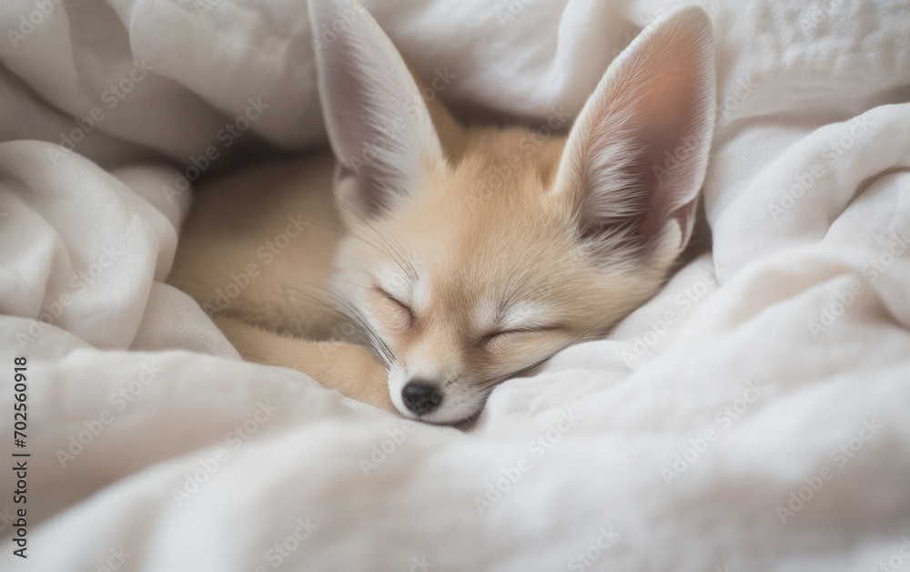 Sleeping cute fennec pet in the white bed. Exotic pet at home.