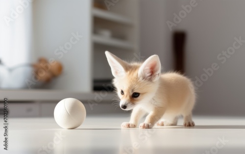 Cute small fennec playing the ball on the modern kitchen near the glass. Exotic pet in the kitchen.
