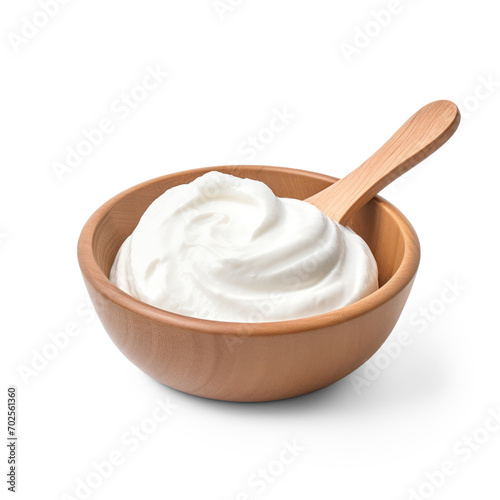 Wooden bowl of greek yogurt isolated on transparent background, Transparency 