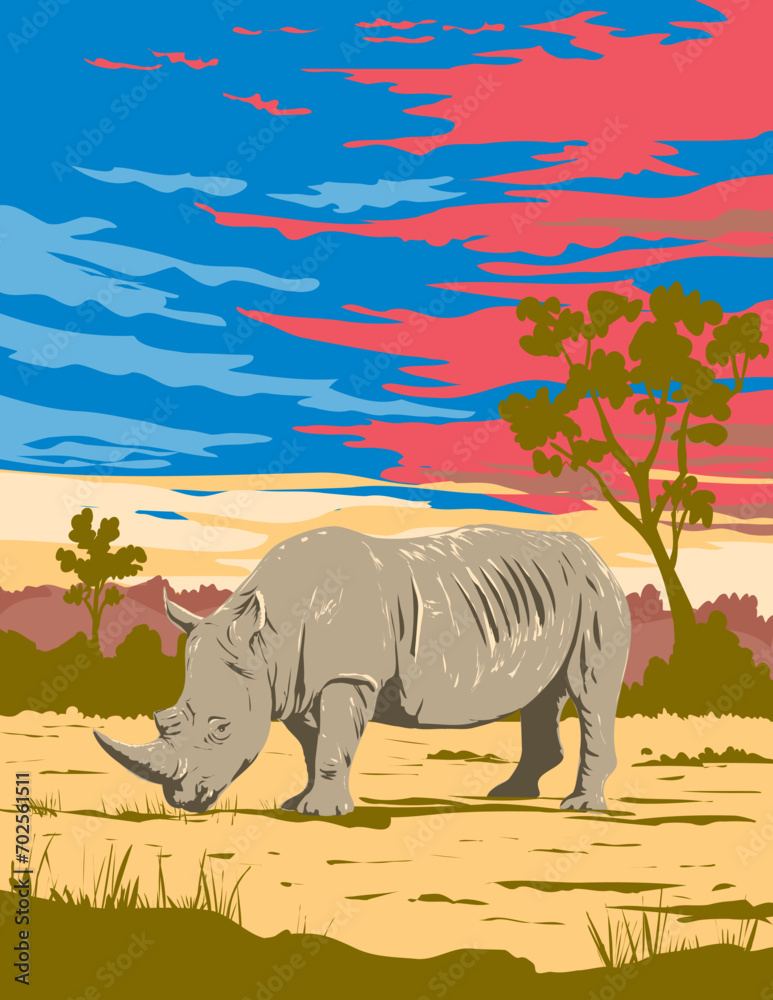 Fototapeta premium Art Deco or WPA poster of a rhino or white rhinoceros in Kruger National Park located in Limpopo and Mpumalanga in northeastern South Africa done in works project administration style. 