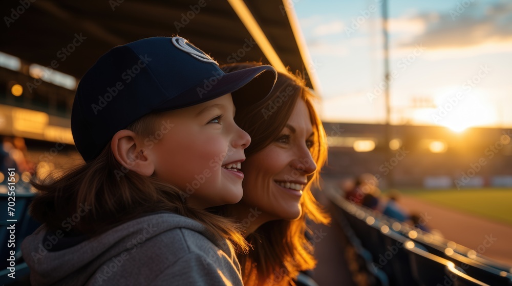 portrait of a young child, parent and child, american woman with his son. mother and son are smiling at baseball stadium. portrait of a young child, parent and child, american woman with his son. mother and son are smiling at baseball stadium.