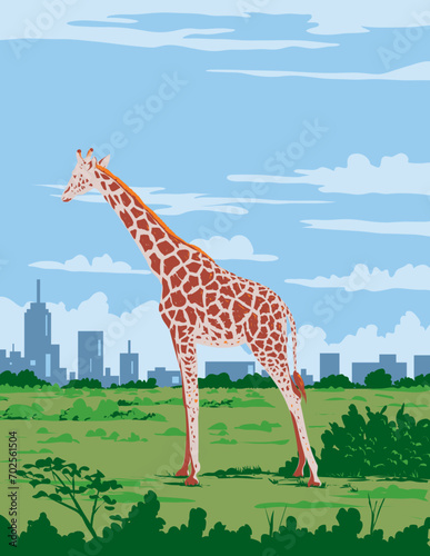 Art Deco or WPA poster of a giraffe in Nairobi National Park located in Nairobi, Kenya East Africa done in works project administration style.
