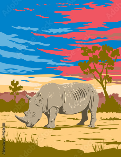 Art Deco or WPA poster of a rhino or white rhinoceros in Kruger National Park located in Limpopo and Mpumalanga in northeastern South Africa done in works project administration style. 