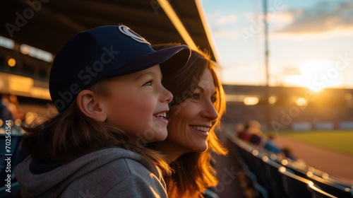 portrait of a young child, parent and child, american woman with his son. mother and son are smiling at baseball stadium. photo