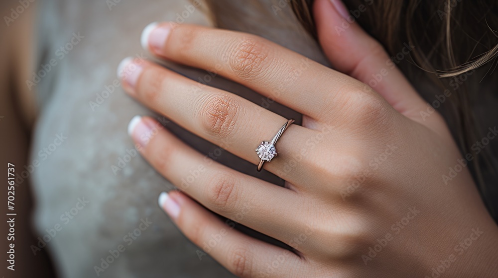 Close-up of a woman's hand wearing an engagement ring