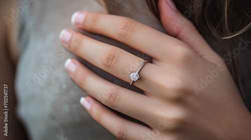 Close-up of a woman s hand wearing an engagement ring