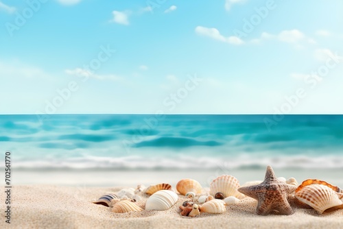 Sand, Summer beach and shell with blurred blue sea and sky,mockup style, summer vacation background concept