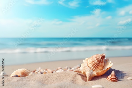 Sand, Summer beach and shell with blurred blue sea and sky,mockup style, summer vacation background concept
