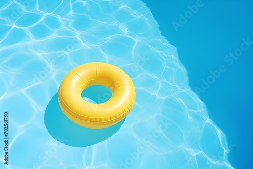 yellow swimming pool ring float in blue water. concept summer background, top view with copyspace