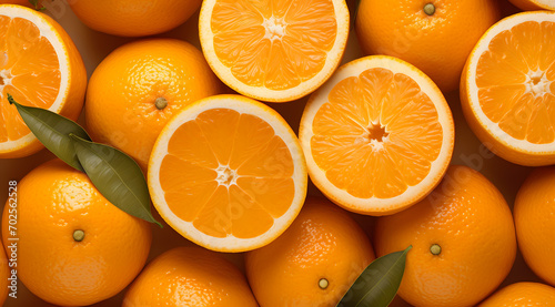 A vibrant collection of fresh oranges, halved and whole photo