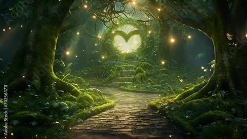 Step into an enchanted forest, where the trees seem to sparkle with otherworldly energy and the ground is carpeted with heartshaped leaves. photo