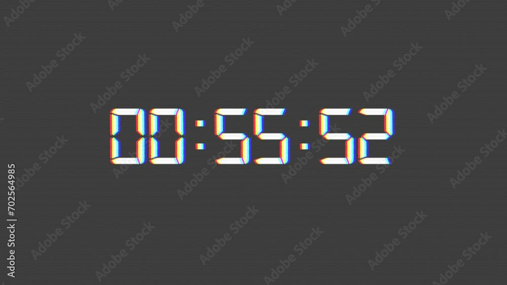 One minute digital clock countdown timer of glowing led white digits on Bad TV background. 60 Seconds Stopwatch. LCD display or CRT monitor Screen. One minute digital clock countdown timer of glowing led white digits on Bad TV background. 60 Seconds Stopwatch. LCD display or CRT monitor Screen.