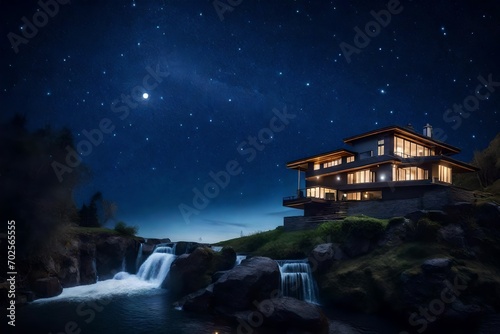 House over waterfall with starry sky