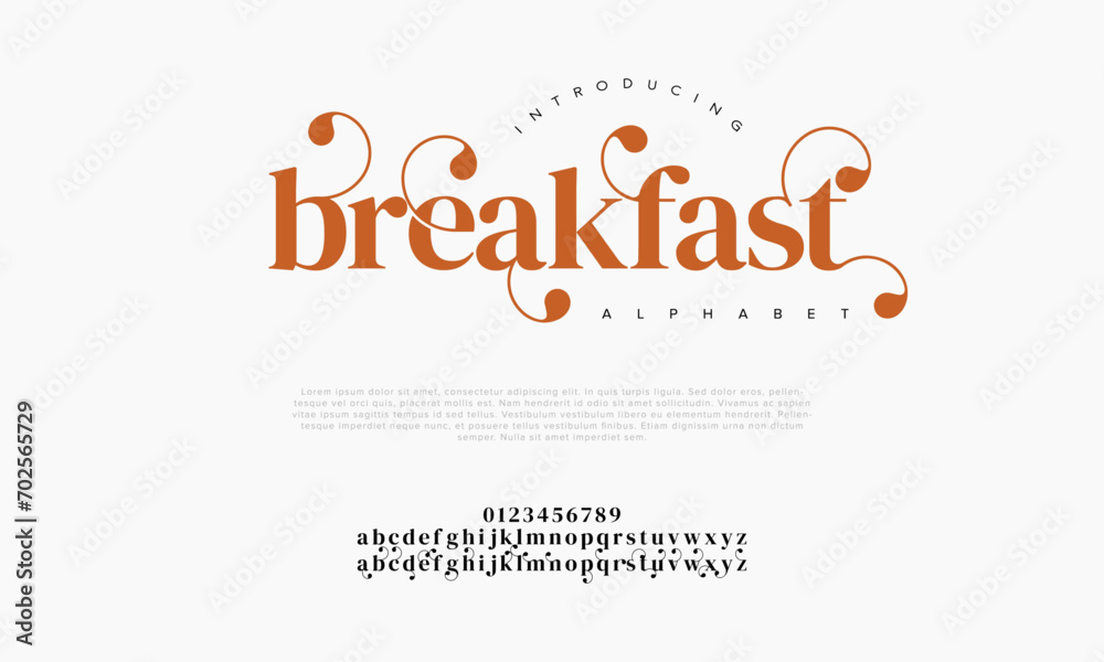 Breakfast premium luxury elegant alphabet letters and numbers. Elegant wedding typography classic serif font decorative vintage retro. Creative vector illustration